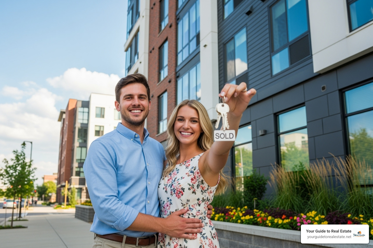 A happy couple standing in front of their new apartment building, holding keys and smiling. - condo vs coop