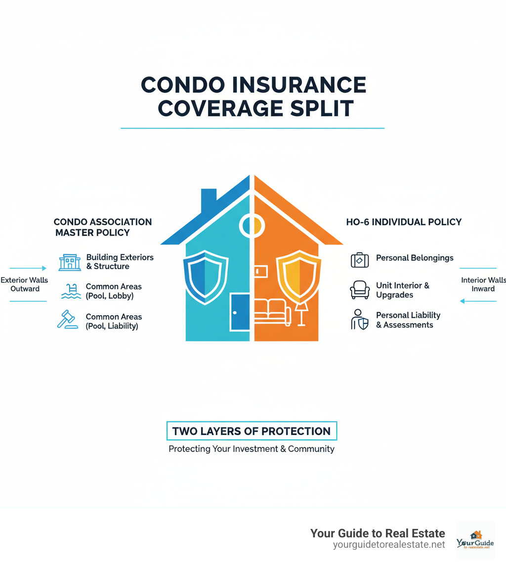 Infographic showing the coverage split between condo association master policy covering building exteriors, common areas like pools and lobbies, and general liability, versus HO-6 individual policy covering personal belongings, unit interior, personal liability, and loss assessments - condo association insurance infographic 