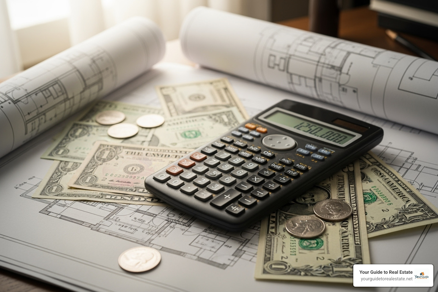 calculator and building blueprints representing insurance costs - condo association insurance