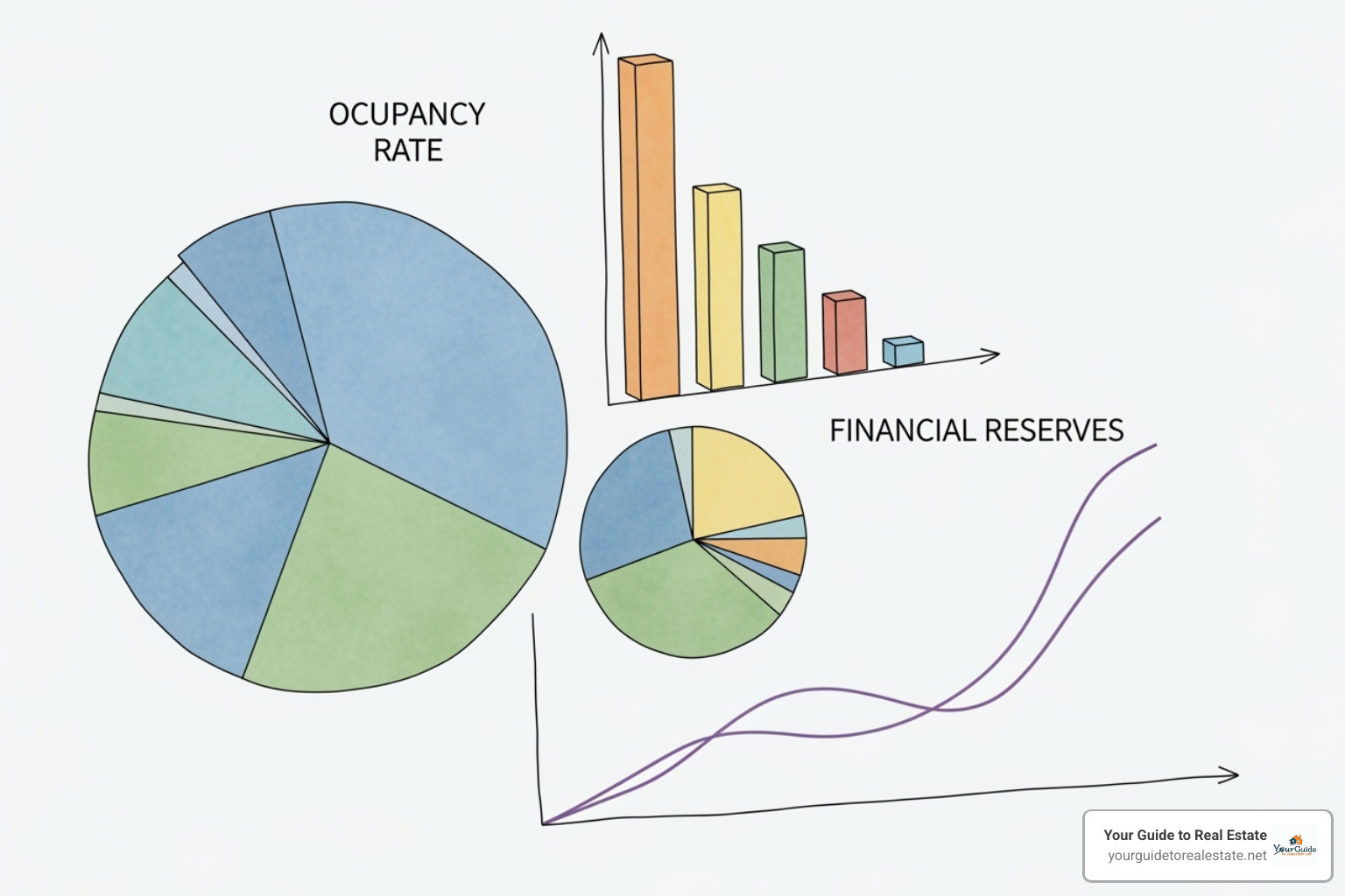 Illustration of key financial metrics like pie charts for occupancy and reserves - fha condo approval list
