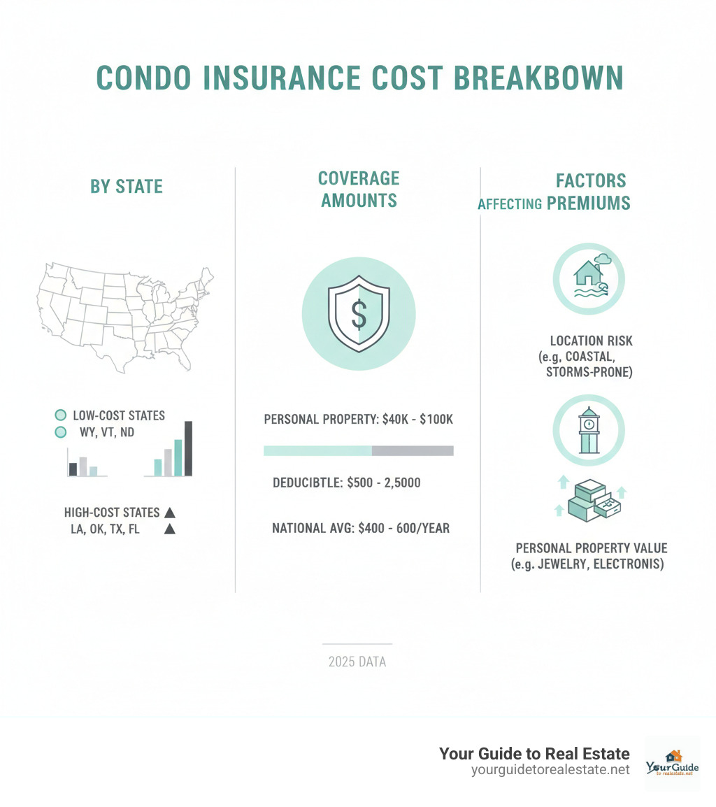 Comprehensive breakdown of condo insurance costs by state, coverage amounts, and factors affecting premiums including location risk, building age, and personal property values - how much is condo insurance infographic 