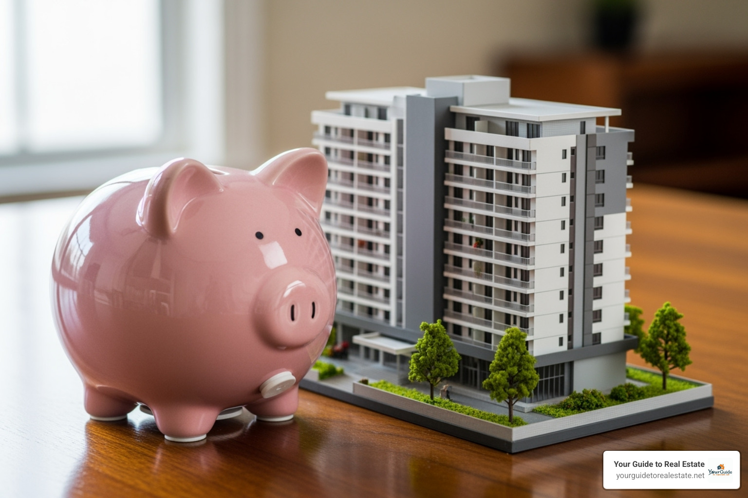 A piggy bank with a small condo model next to it - how much is condo insurance