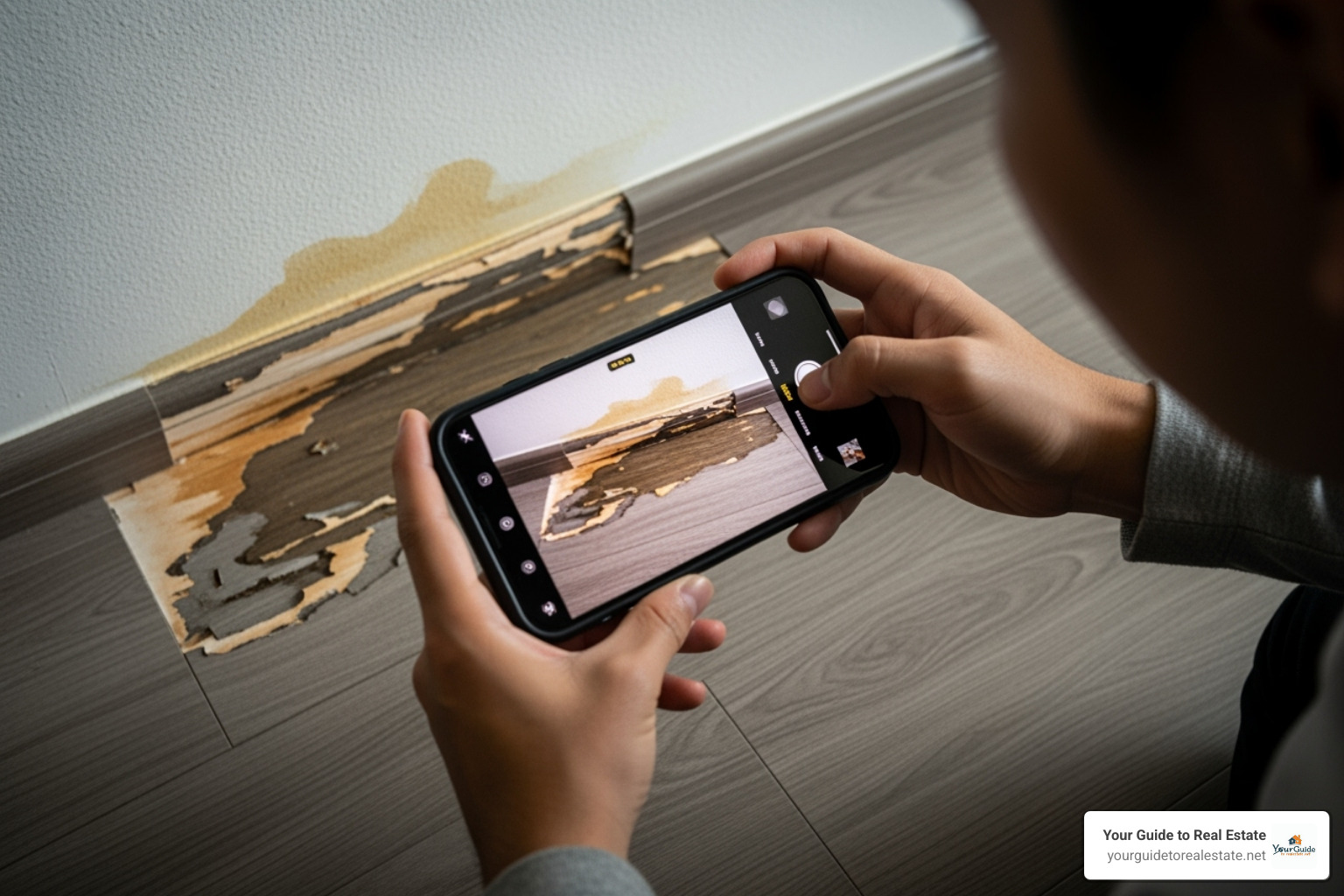 person taking a photo of water damage with their smartphone - does condo insurance cover water damage