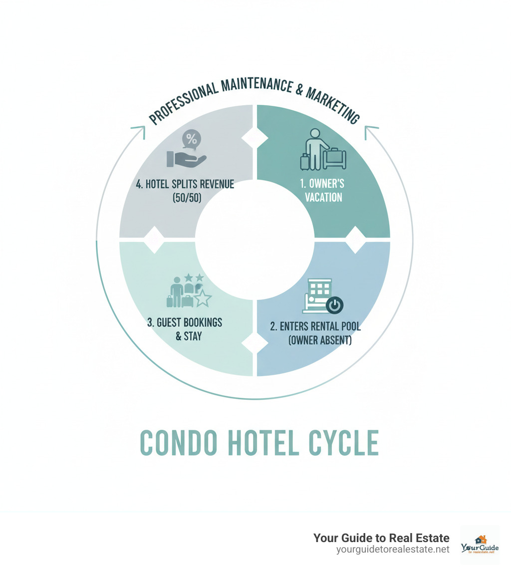 Infographic showing the condo hotel cycle: owner uses unit for personal vacation, unit enters hotel rental pool when owner absent, hotel guests book and stay in unit, hotel management collects fees and splits revenue 50/50 with owner, cycle repeats with professional maintenance and marketing throughout - condo hotel infographic 