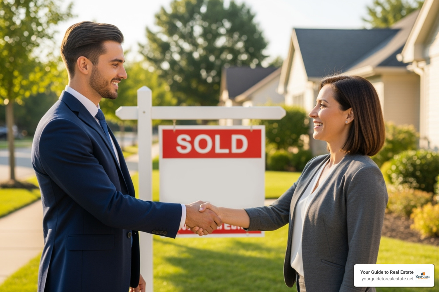 new agent shaking hands with a client in front of a "Sold" sign - real estate license school
