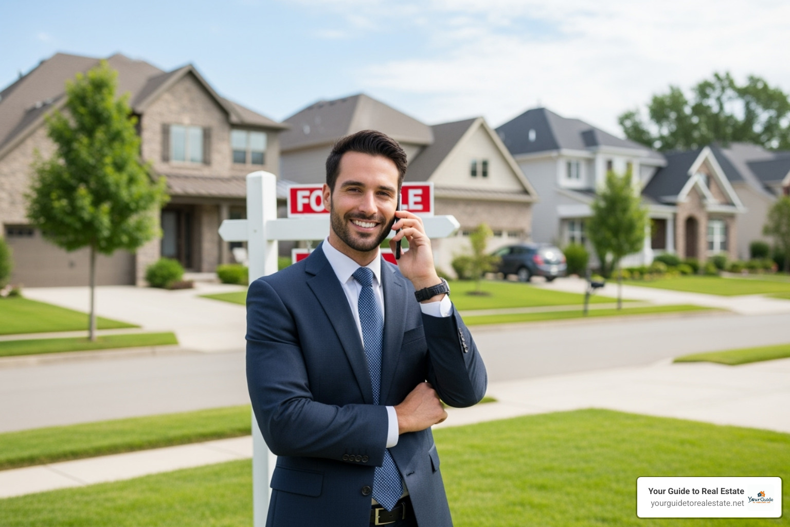 A confident real estate agent on a phone call, standing in front of a "For Sale" sign in a pleasant neighborhood. - how do i get my real estate license