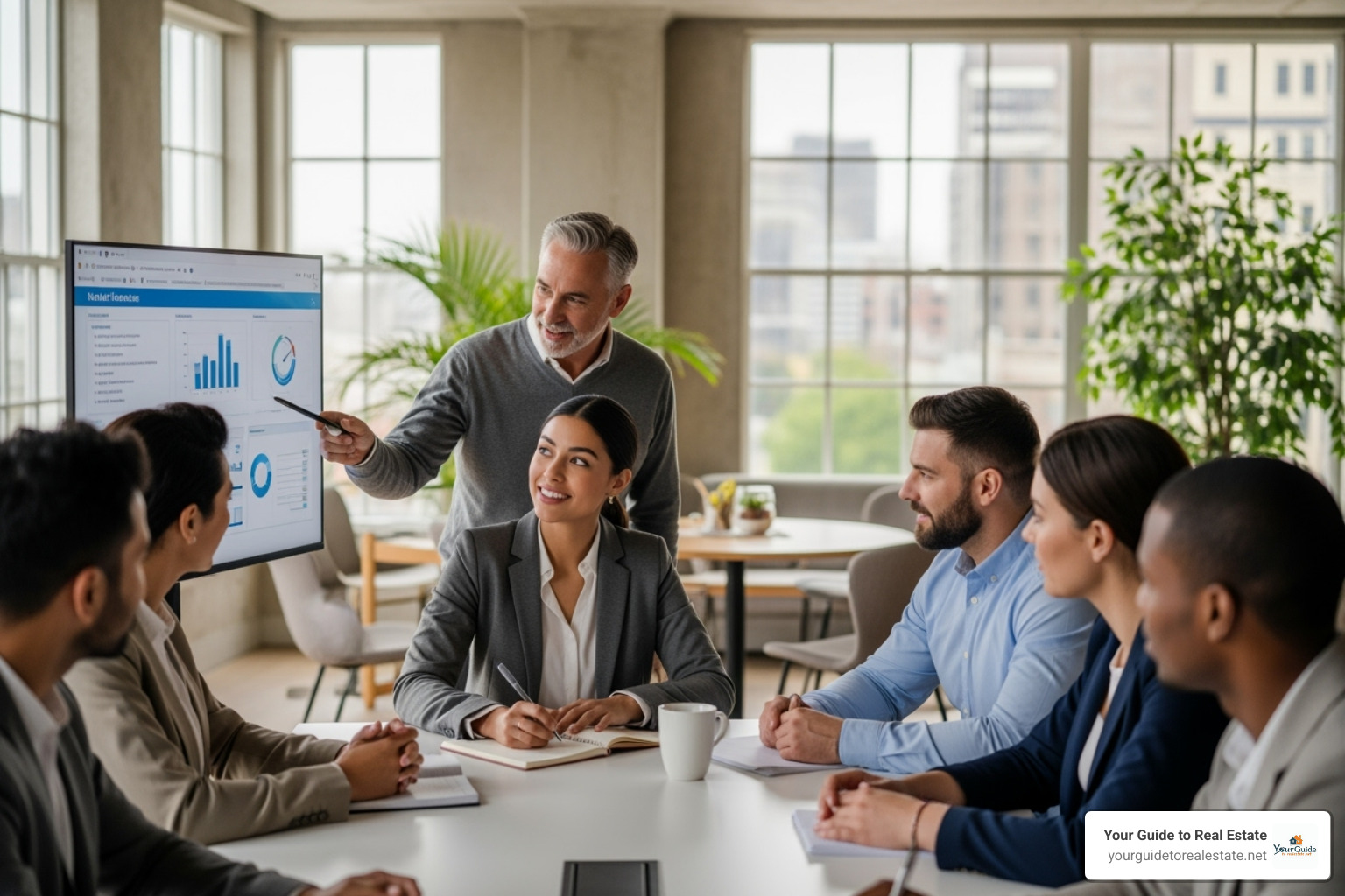 A new real estate agent actively participating in a team meeting at a modern brokerage office, engaging with colleagues and receiving guidance. - how do i get my real estate license