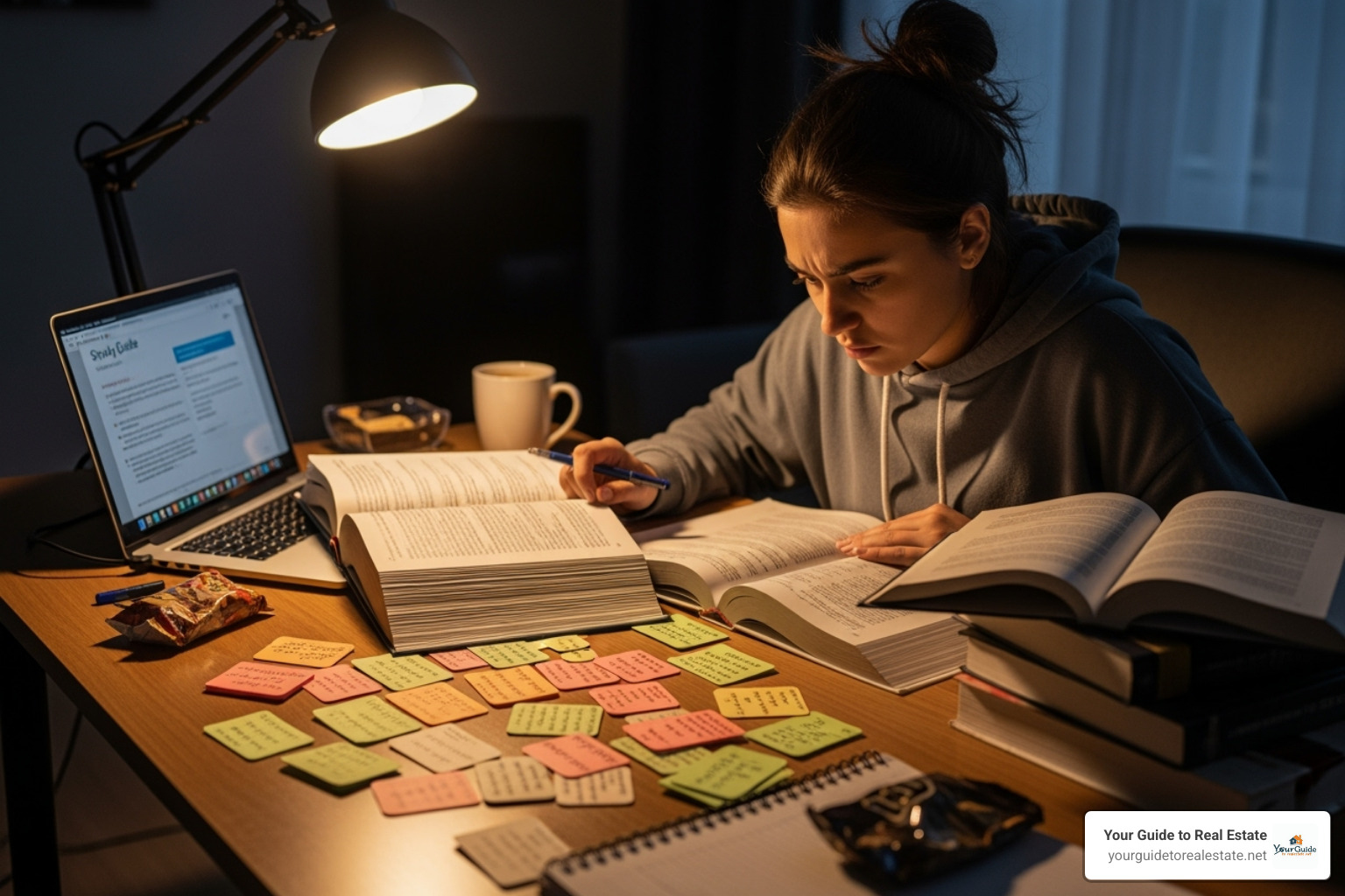 A person studying diligently for an exam, surrounded by flashcards, a textbook, and a laptop. - how do i get my real estate license