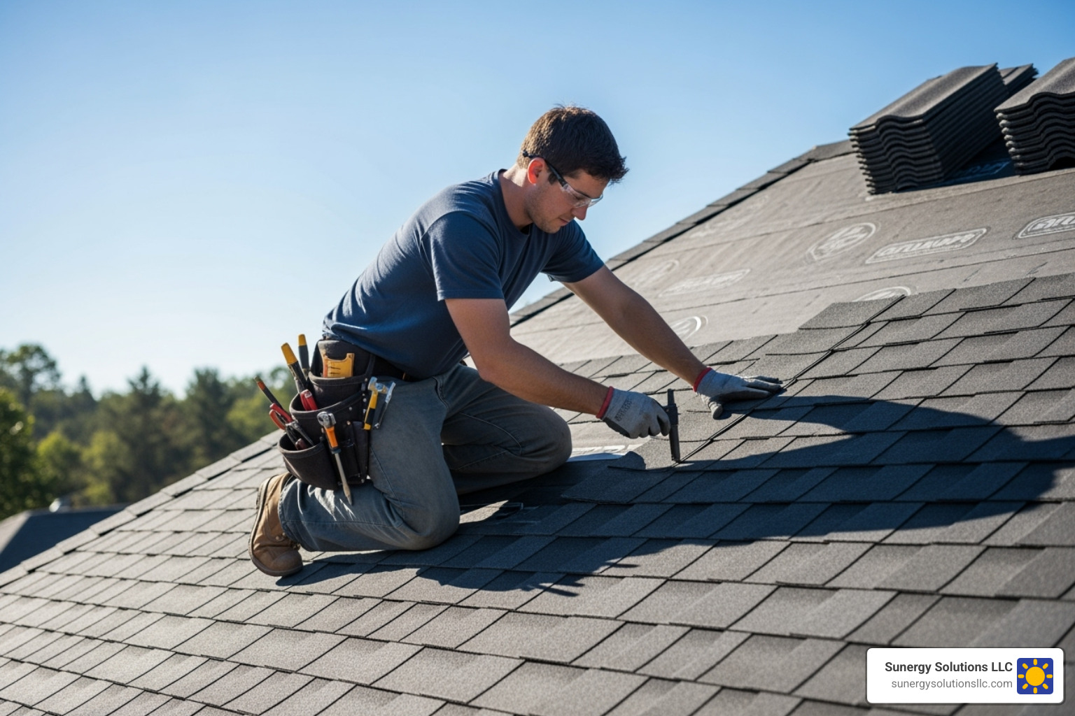 High-quality architectural shingles being installed by a professional roofer - residential roofing companies High-quality architectural shingles being installed by a professional roofer - residential roofing companies