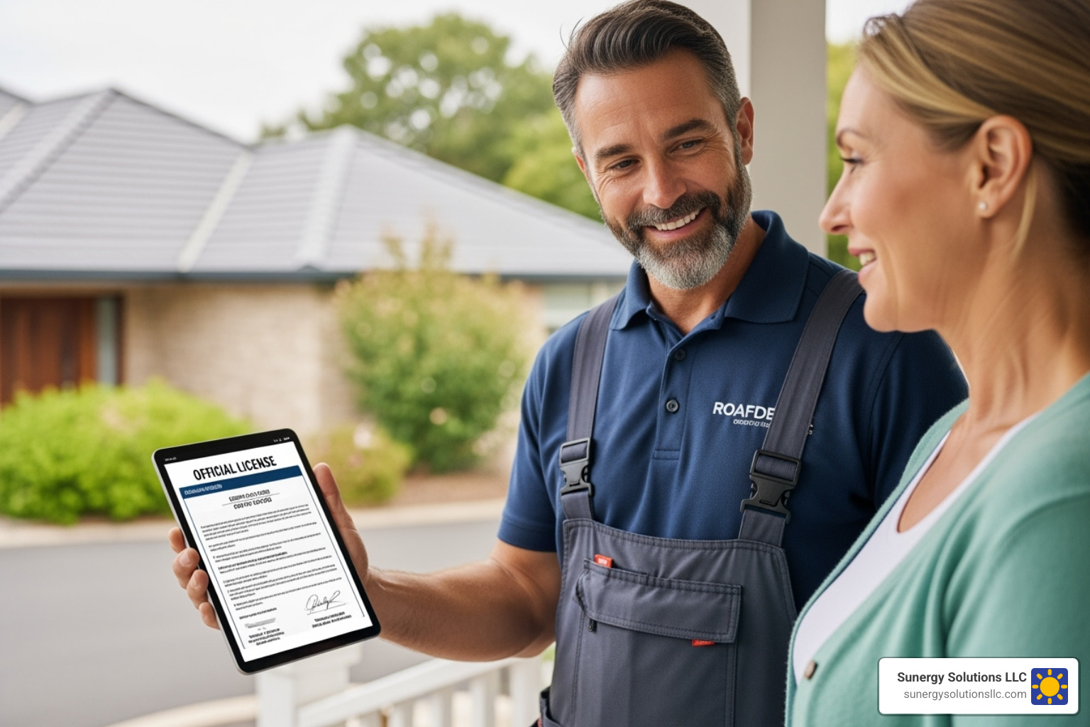 A friendly contractor showing their license and insurance certificate on a tablet to a homeowner - residential roofing companies A friendly contractor showing their license and insurance certificate on a tablet to a homeowner - residential roofing companies