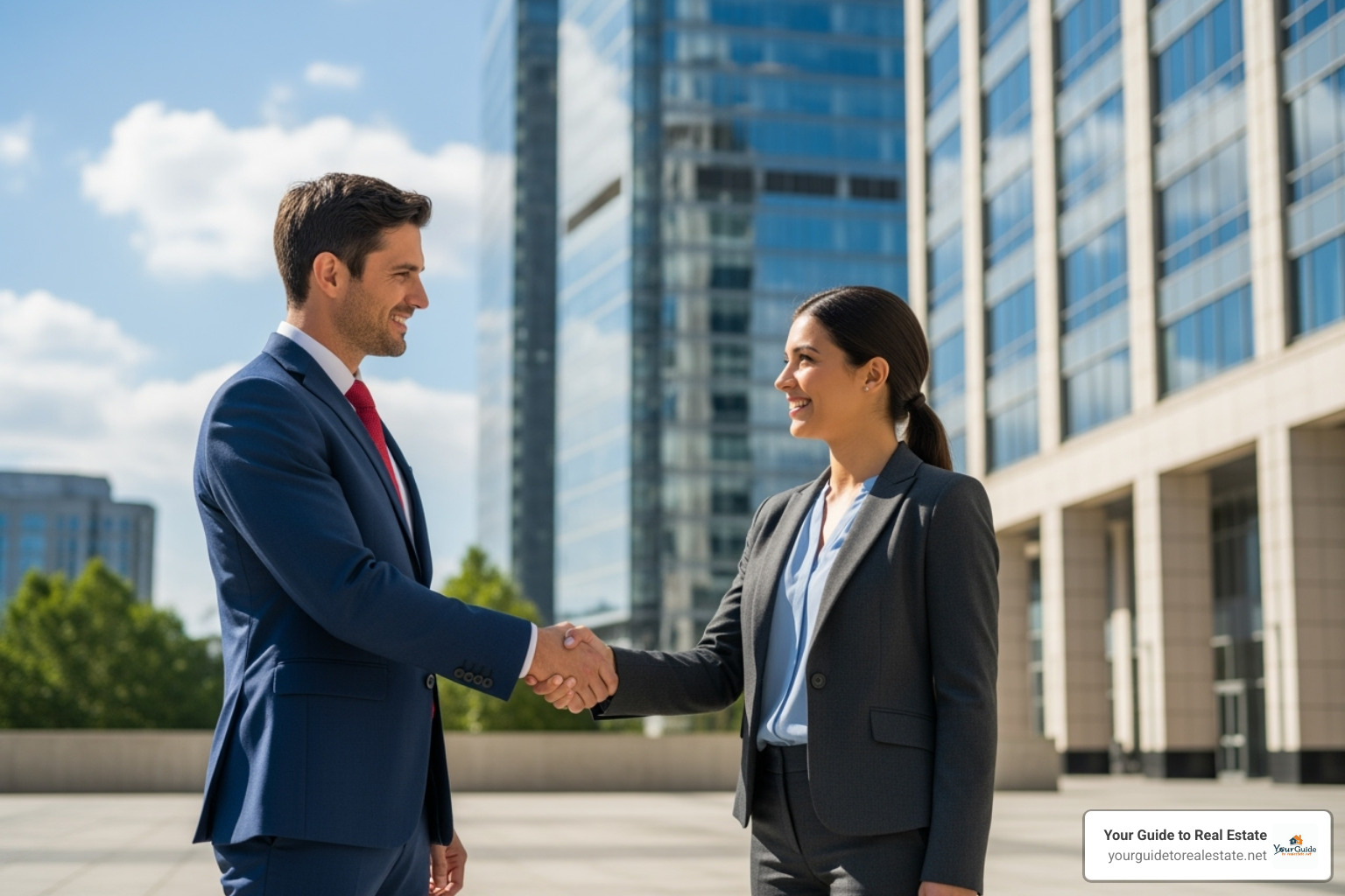 two real estate agents shaking hands in front of a modern office building - what can you do with a real estate license