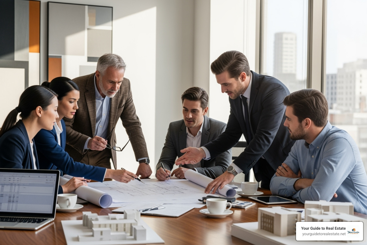 diverse group of professionals (a property manager, an appraiser, a developer) looking at blueprints - what can you do with a real estate license