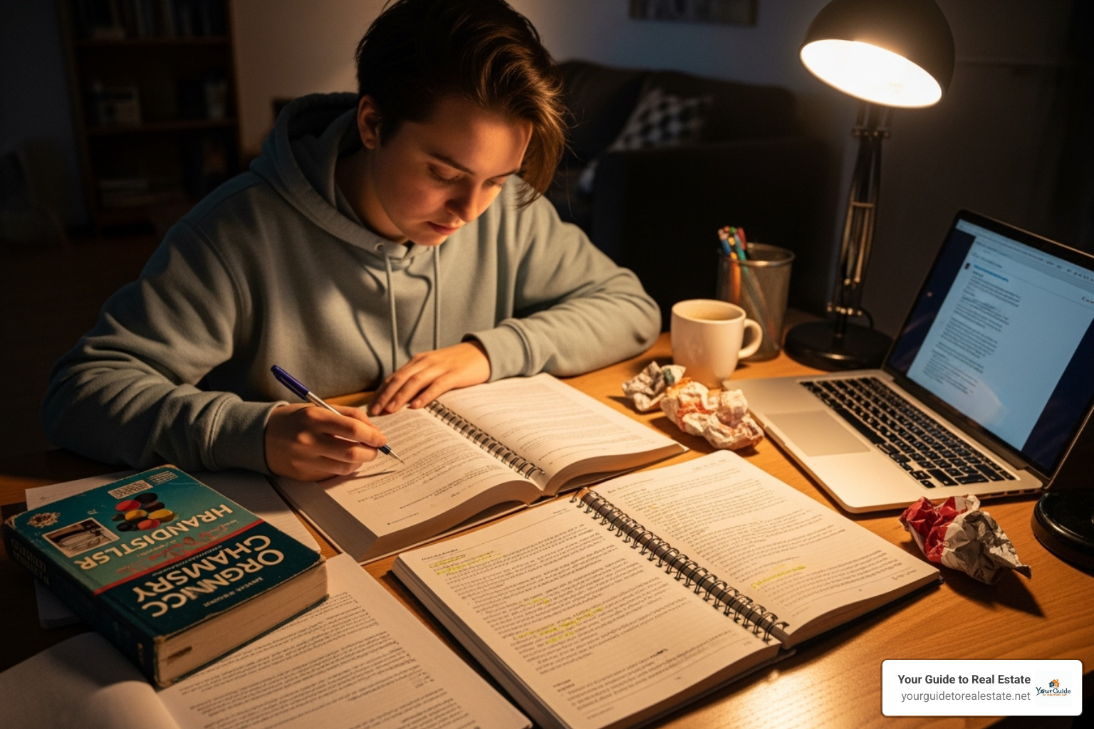 person studying for an exam with books and a laptop - what can you do with a real estate license