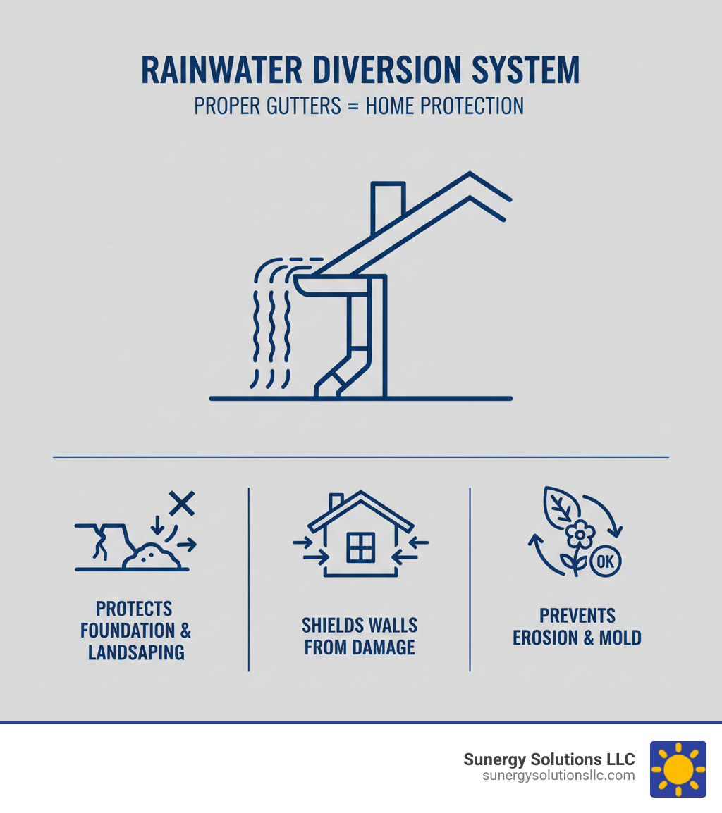 Infographic showing water flow from roof through gutters to downspouts, illustrating how properly installed gutters channel rainwater away from a home's foundation, walls, and landscaping to prevent water damage - gutter installation near me infographic Infographic showing water flow from roof through gutters to downspouts, illustrating how properly installed gutters channel rainwater away from a home's foundation, walls, and landscaping to prevent water damage - gutter installation near me infographic