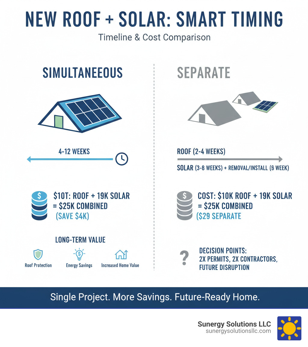 Infographic showing the timeline and cost comparison of installing a new roof with solar panels simultaneously versus separately, including key decision points, average costs ($10K roof + $19K solar = $25K combined vs $29K separate), timeline benefits (single 4-12 week project vs two separate projects), and long-term value additions (roof protection, energy savings, increased home value) - new roof with solar panels infographic Infographic showing the timeline and cost comparison of installing a new roof with solar panels simultaneously versus separately, including key decision points, average costs ($10K roof + $19K solar = $25K combined vs $29K separate), timeline benefits (single 4-12 week project vs two separate projects), and long-term value additions (roof protection, energy savings, increased home value) - new roof with solar panels infographic