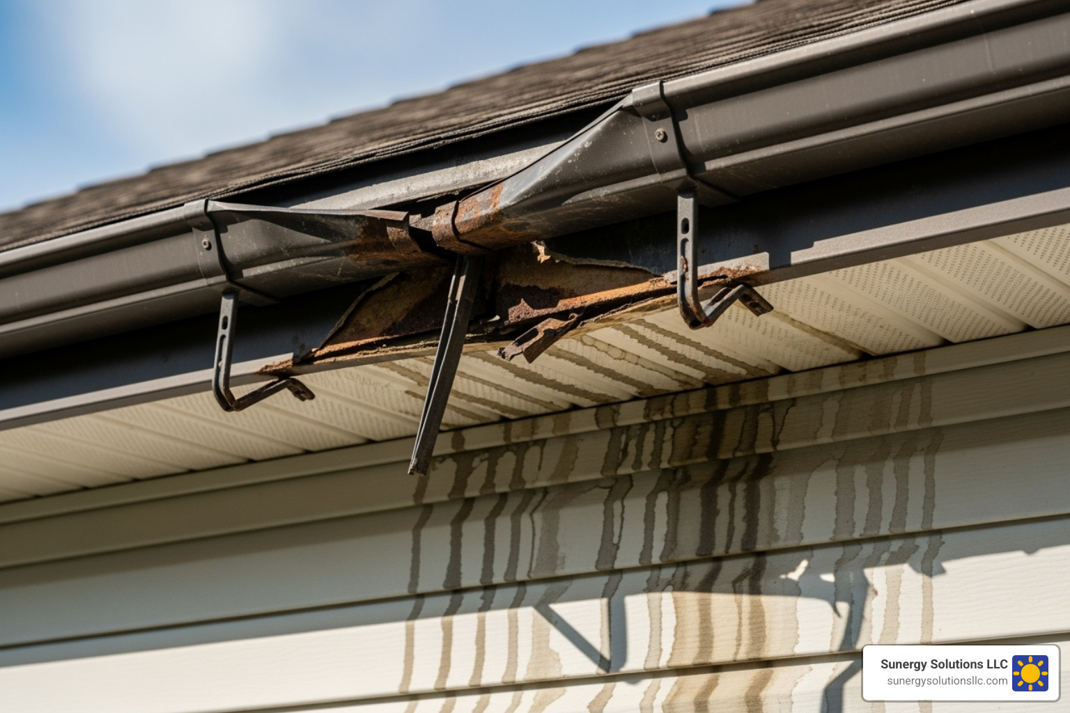 A damaged gutter sagging and pulling away from a roof, with visible water stains on the siding of an American home - gutter installation near me A damaged gutter sagging and pulling away from a roof, with visible water stains on the siding of an American home - gutter installation near me
