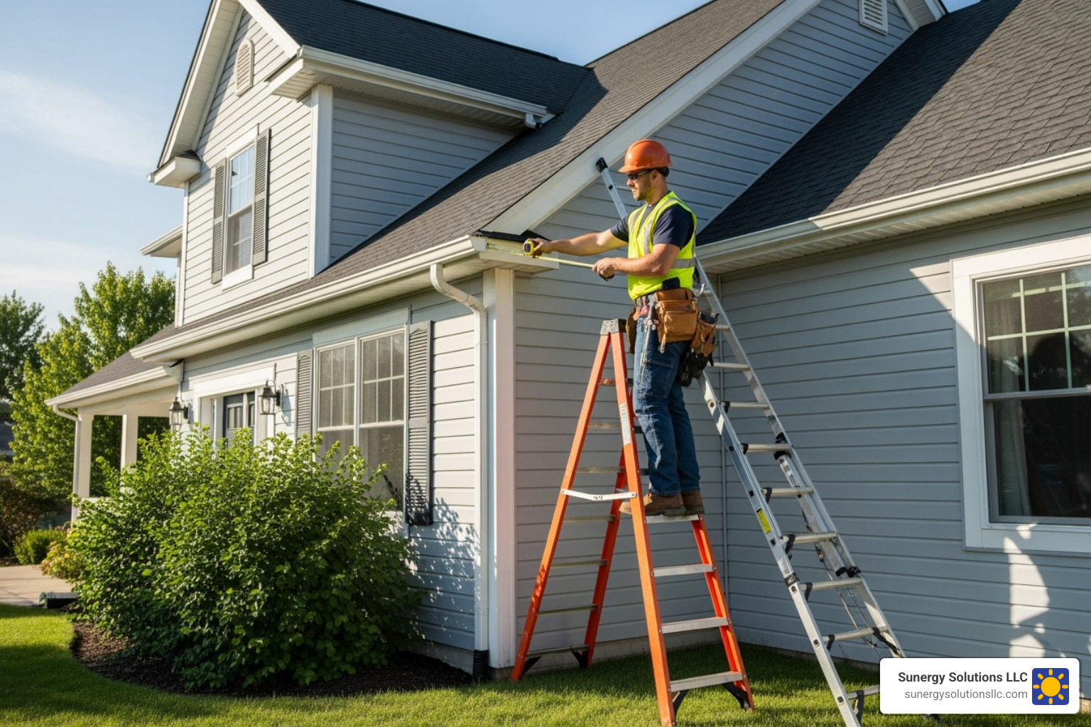 A professional installer carefully measuring a roofline for precise gutter installation on an American home - gutter installation near me A professional installer carefully measuring a roofline for precise gutter installation on an American home - gutter installation near me