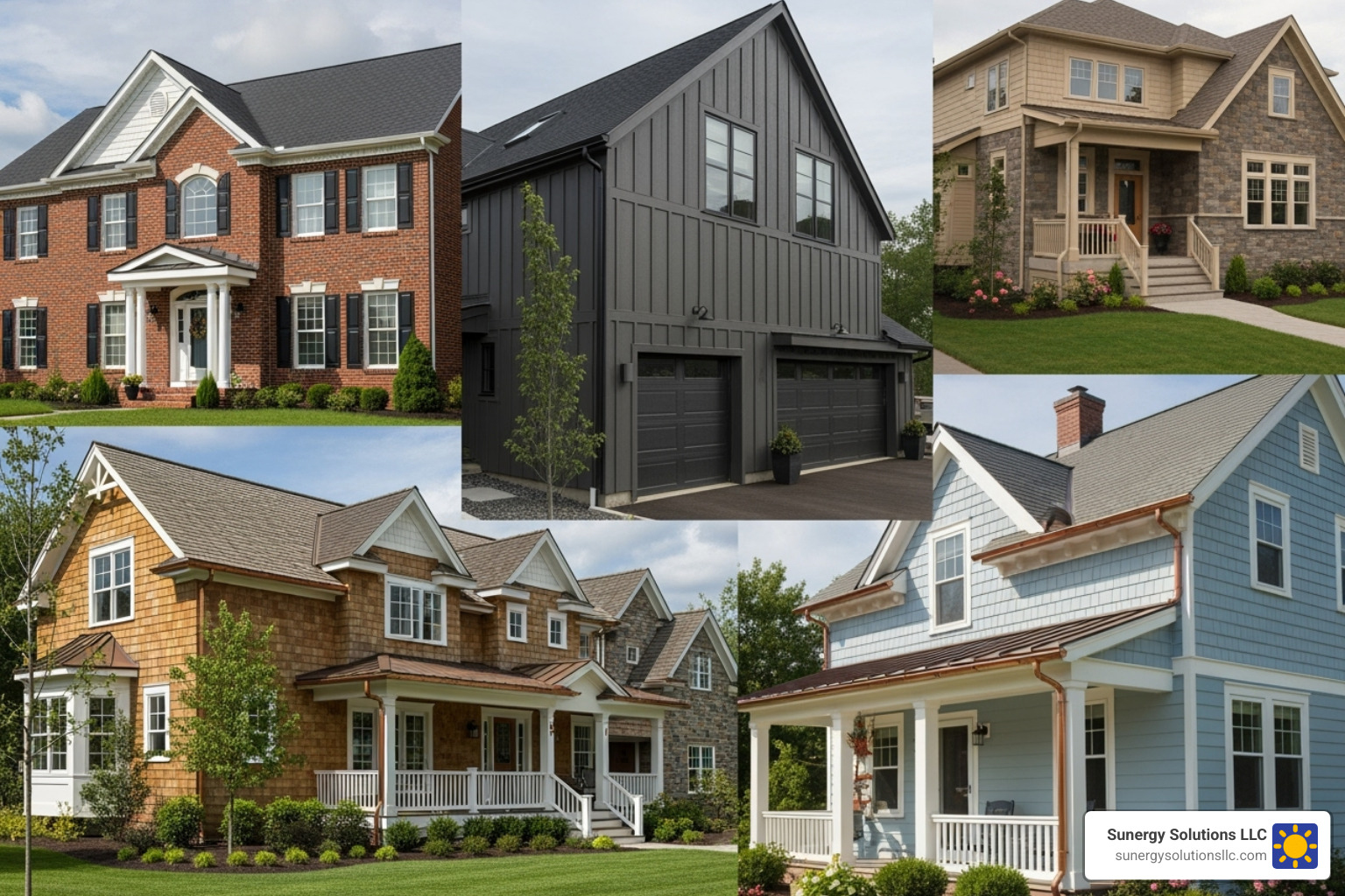 Different gutter materials like aluminum, vinyl, and copper installed on various American home exteriors - gutter installation near me Different gutter materials like aluminum, vinyl, and copper installed on various American home exteriors - gutter installation near me