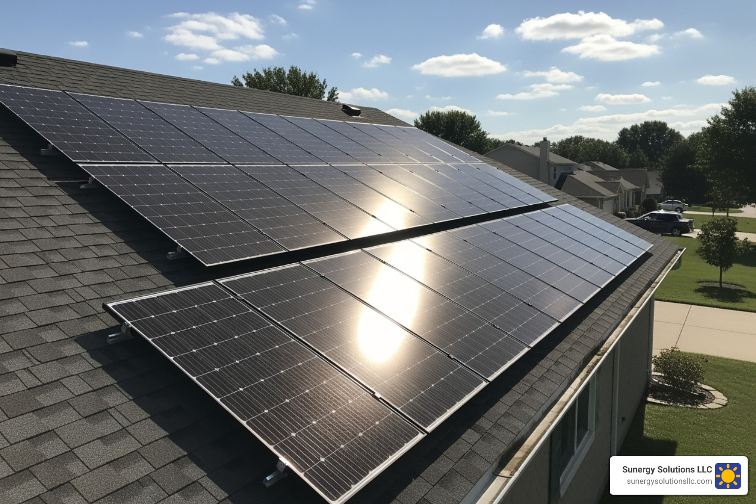 Solar panels protecting a section of a roof from the elements in a sunny suburban setting - new roof with solar panels Solar panels protecting a section of a roof from the elements in a sunny suburban setting - new roof with solar panels
