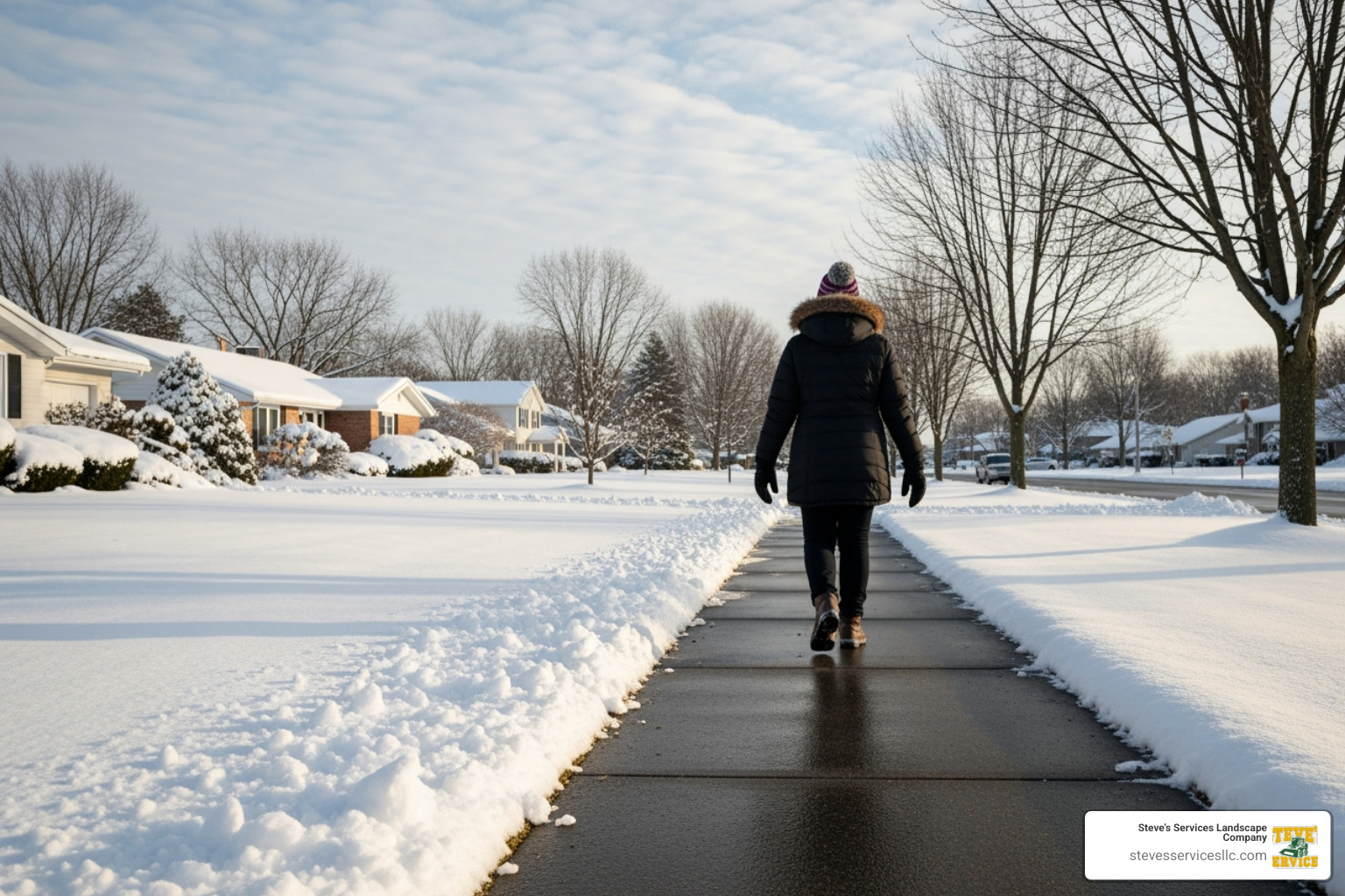 a person safely walking on a cleared sidewalk next to a snow-covered lawn - Wakefield MA snow removal