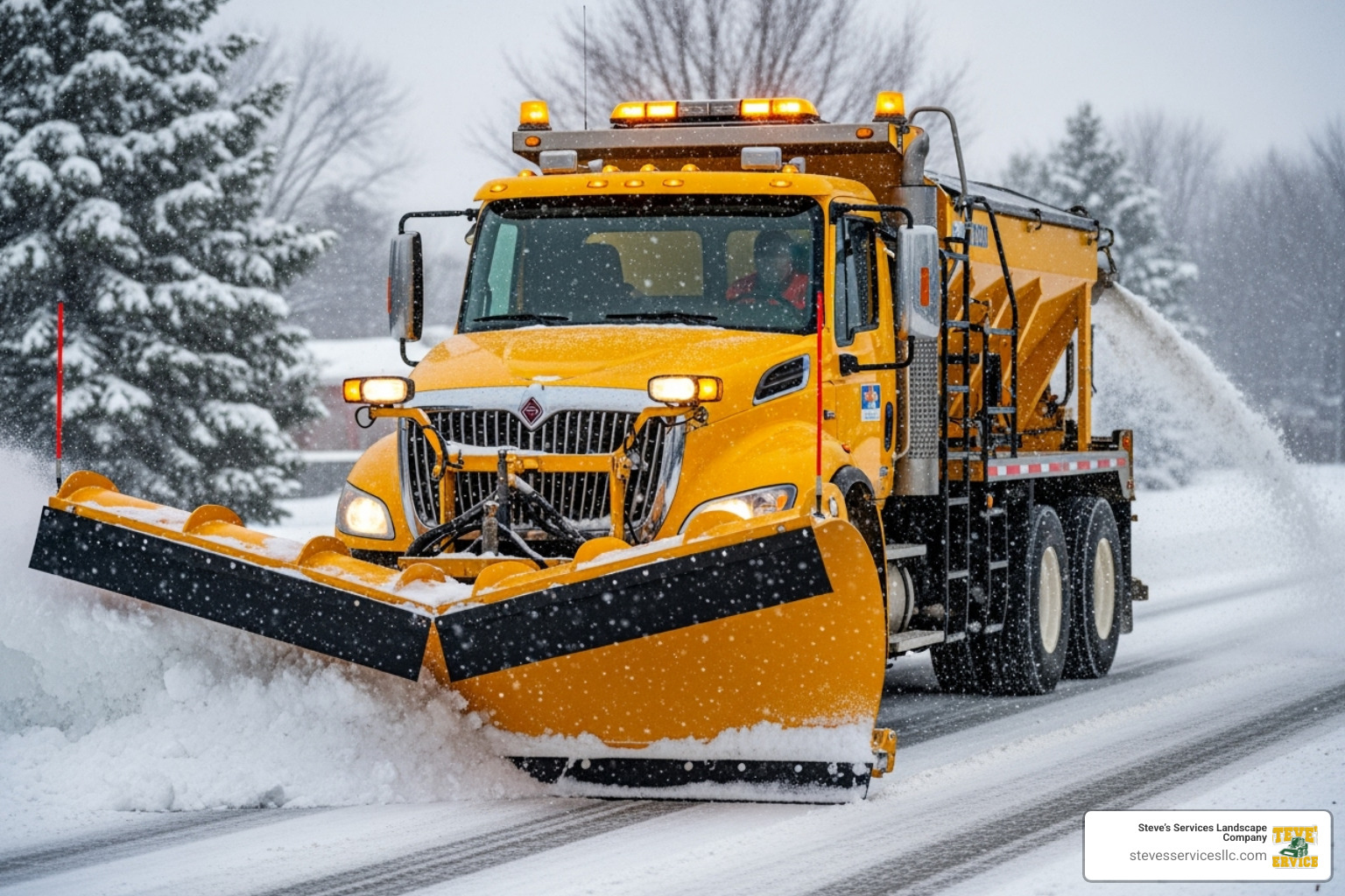 a modern snow plow truck with a salt spreader attached - Wakefield MA snow removal