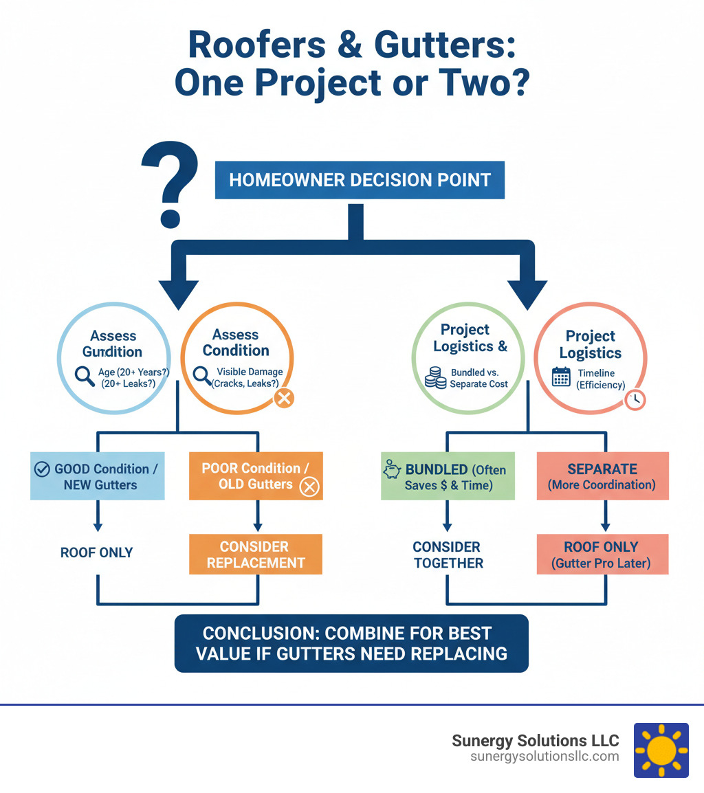 Comprehensive infographic showing the decision tree for homeowners wondering if roofers replace gutters, including factors like gutter age, condition assessment, cost comparison of bundled vs separate services, and timeline benefits - do roofers replace gutters infographic Comprehensive infographic showing the decision tree for homeowners wondering if roofers replace gutters, including factors like gutter age, condition assessment, cost comparison of bundled vs separate services, and timeline benefits - do roofers replace gutters infographic