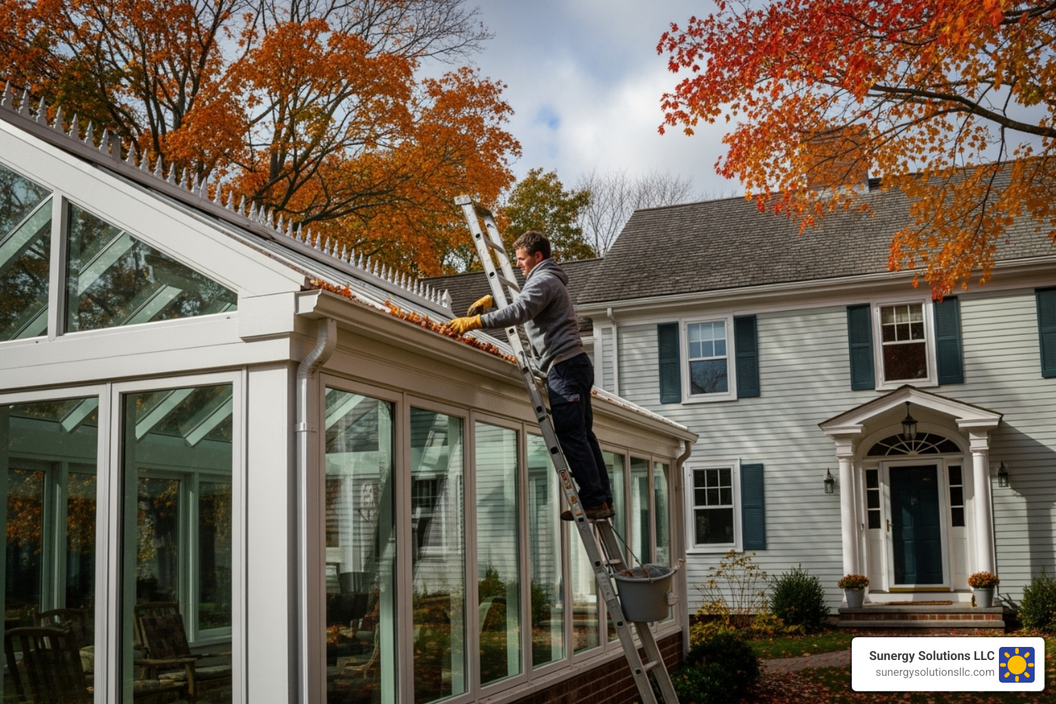 Homeowner safely cleaning leaves from a conservatory box gutter in New England - conservatory box gutter repair