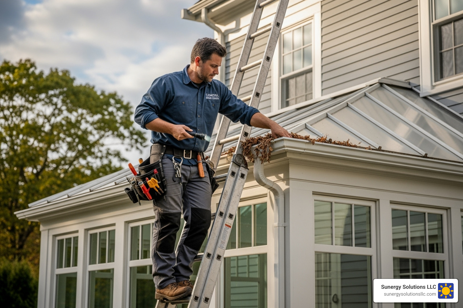 Professional contractor inspecting a conservatory box gutter on a home in New England - conservatory box gutter repair