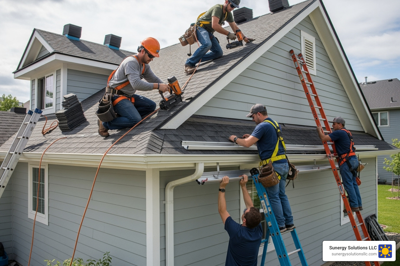 unified roofing and gutter crew working together on a residential house in the US - do roofers replace gutters unified roofing and gutter crew working together on a residential house in the US - do roofers replace gutters