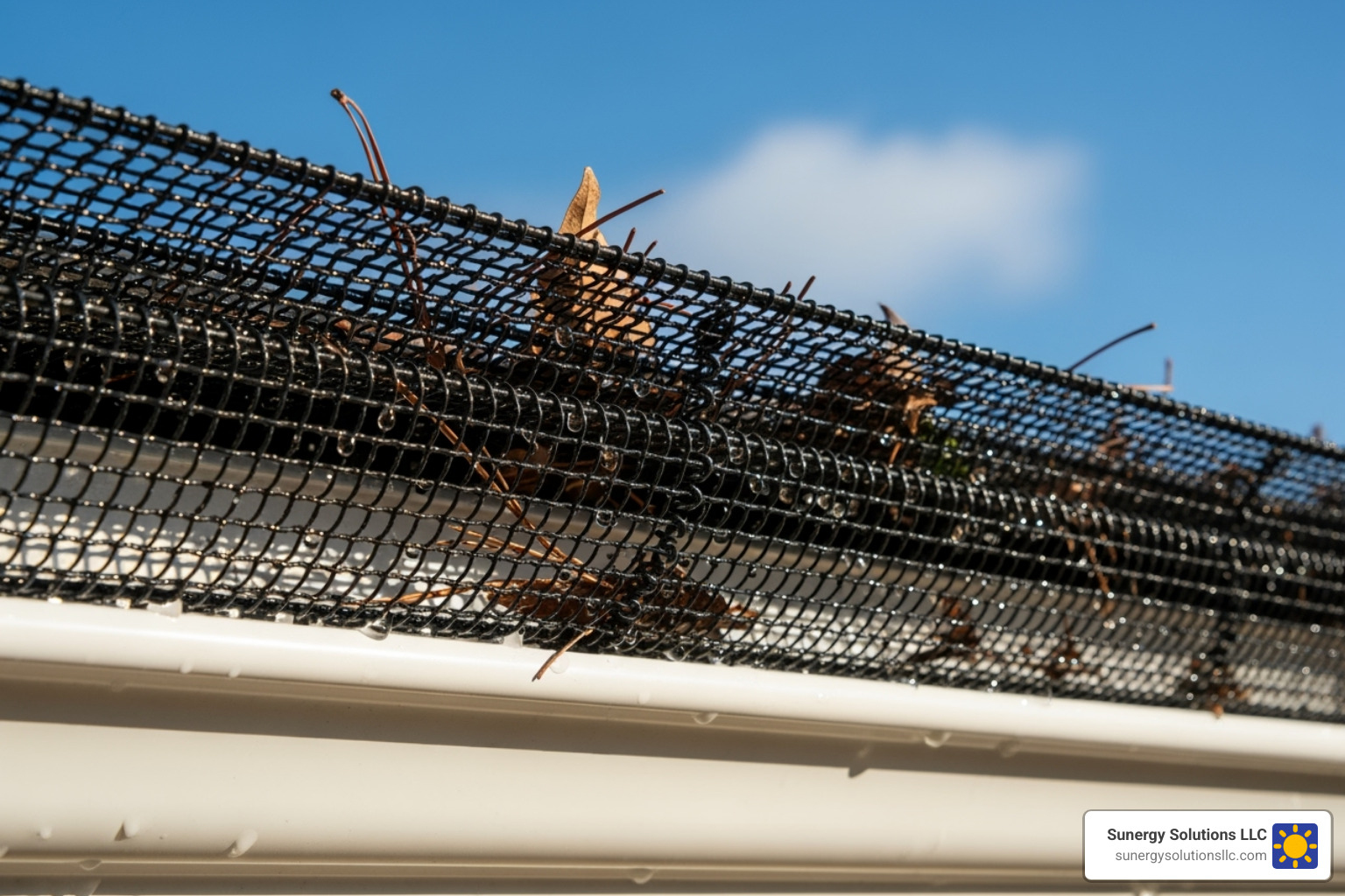 Gutter guard installed on a gutter section - putting gutters on a house Gutter guard installed on a gutter section - putting gutters on a house