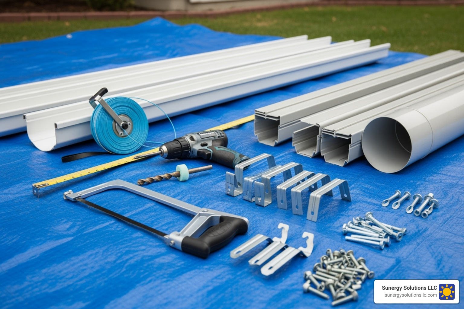 Gutter installation tools and materials laid out on a tarp - putting gutters on a house Gutter installation tools and materials laid out on a tarp - putting gutters on a house