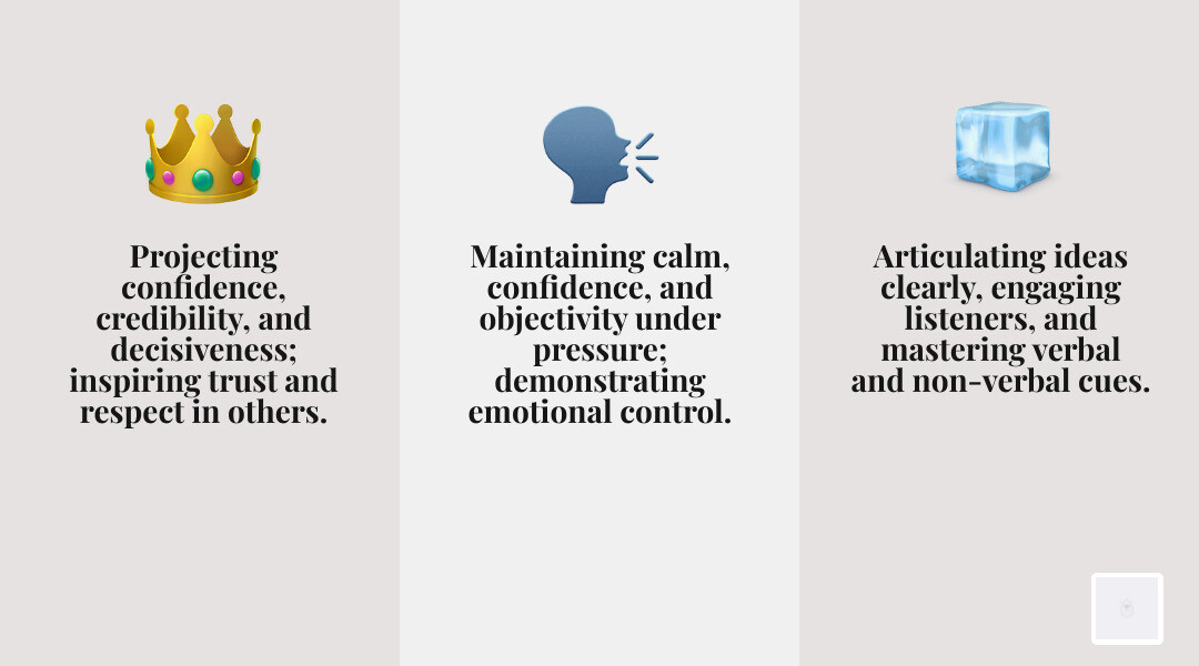 Infographic explaining the three core pillars of executive presence: Gravitas, Communication, and Composure - executive presence coaching infographic 3_facts_emoji_grey