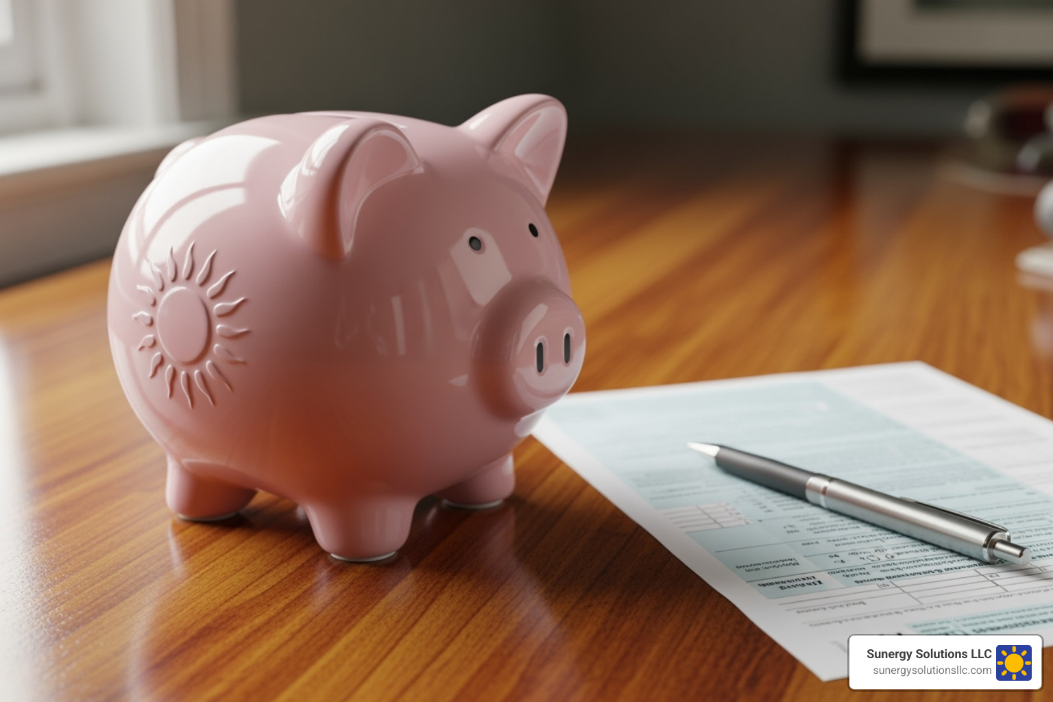 piggy bank with a sun logo next to a tax form - cost of solar panels massachusetts