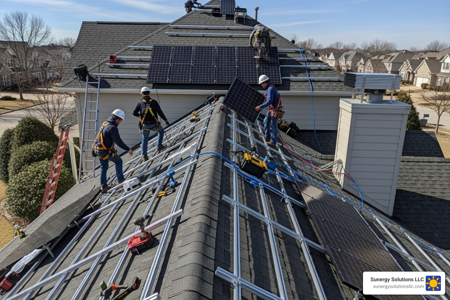 solar panel installation in progress on a residential roof in the US - cost of solar panels massachusetts