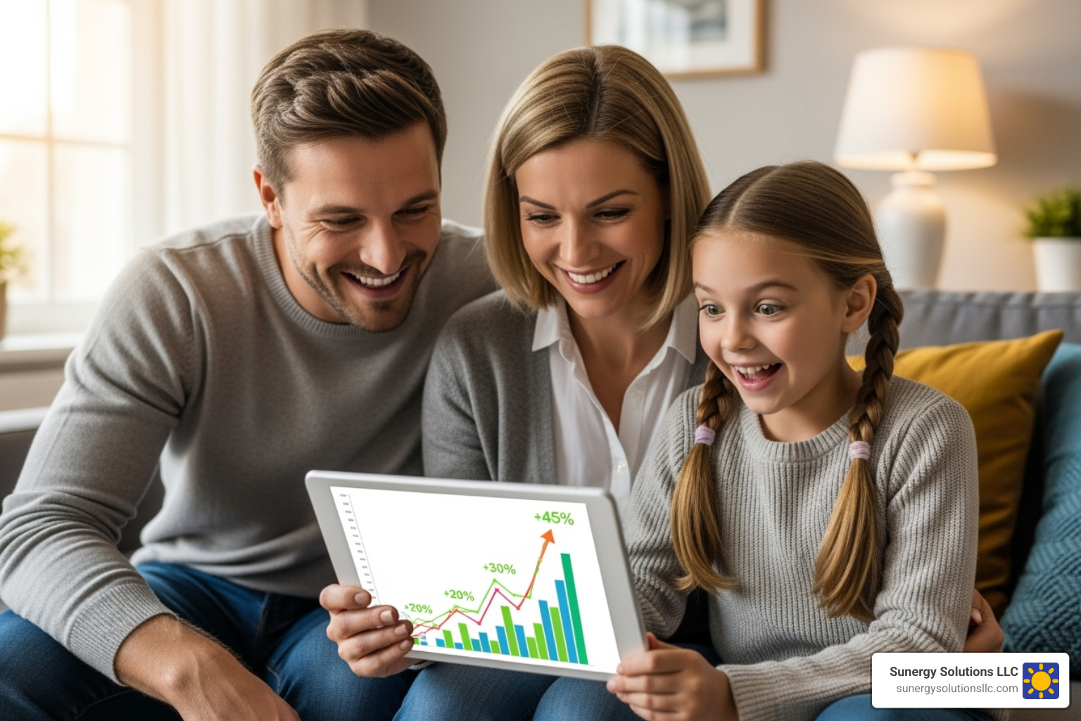 smiling family in the US looking at their tablet showing energy savings - cost of solar panels massachusetts