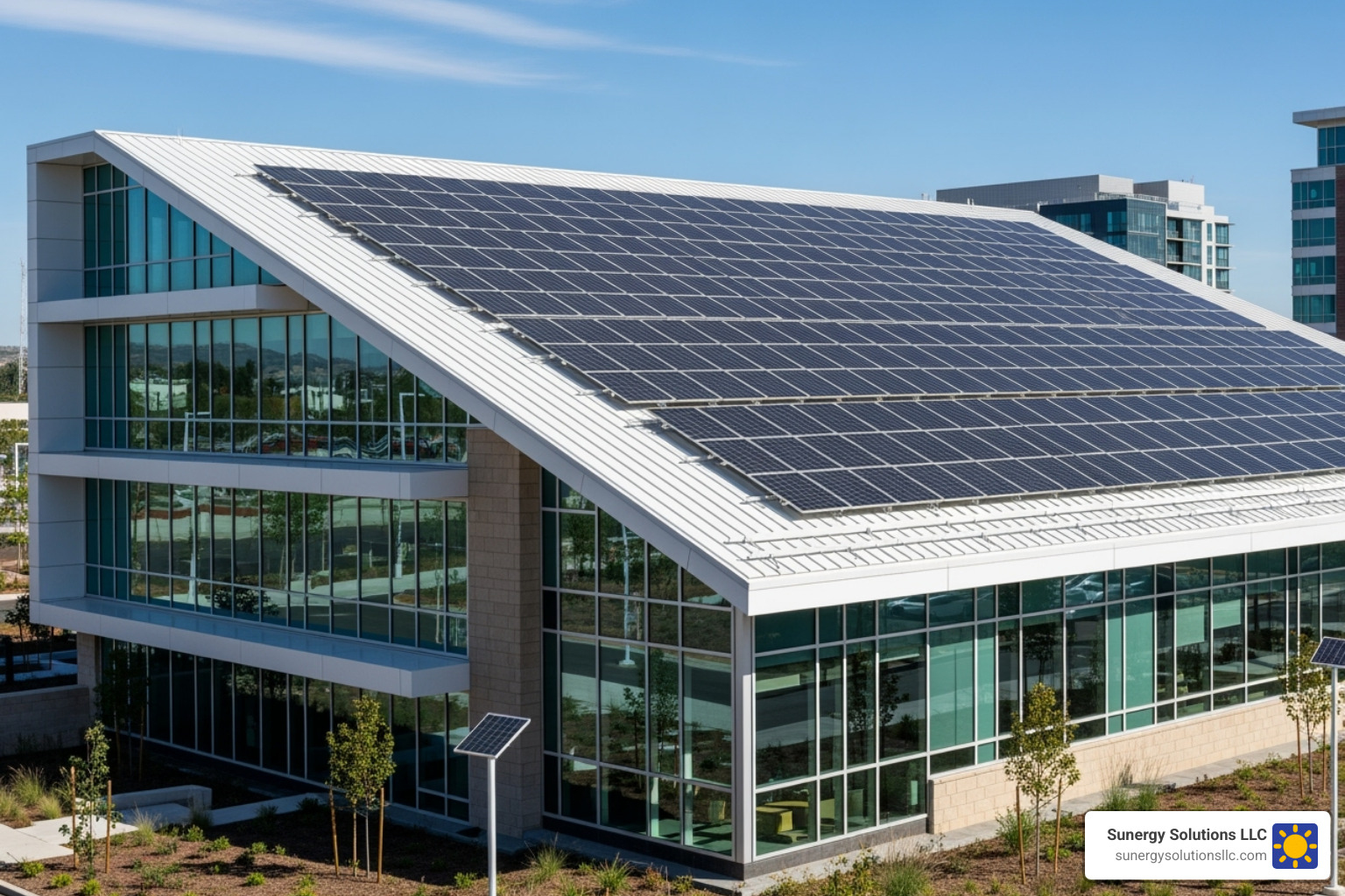 A US commercial building with a new "cool roof" and solar panels, highlighting energy efficiency. - Commercial Roofing Services A US commercial building with a new "cool roof" and solar panels, highlighting energy efficiency. - Commercial Roofing Services