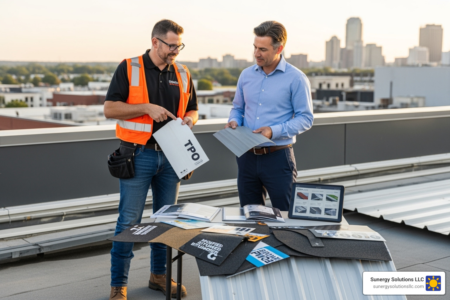 A roofing contractor showing a client samples of different commercial roofing materials in the US. - Commercial Roofing Services A roofing contractor showing a client samples of different commercial roofing materials in the US. - Commercial Roofing Services
