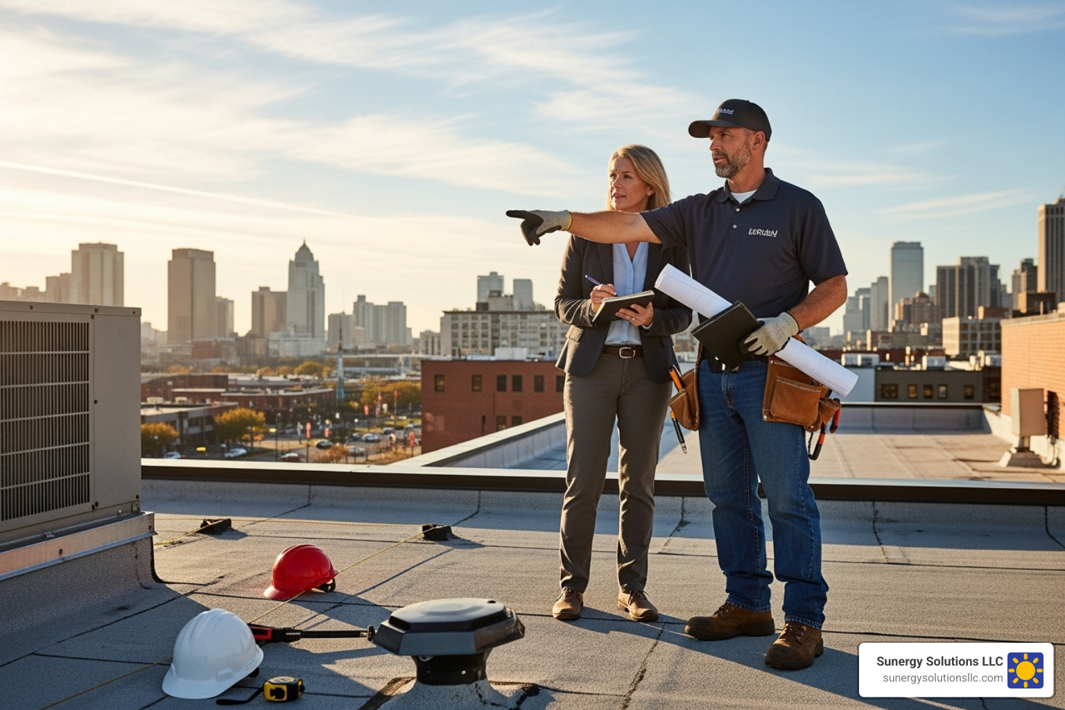 A commercial roofing contractor in the US discussing plans with a business owner on a rooftop, pointing to a section of the roof. - Commercial Roofing Services A commercial roofing contractor in the US discussing plans with a business owner on a rooftop, pointing to a section of the roof. - Commercial Roofing Services