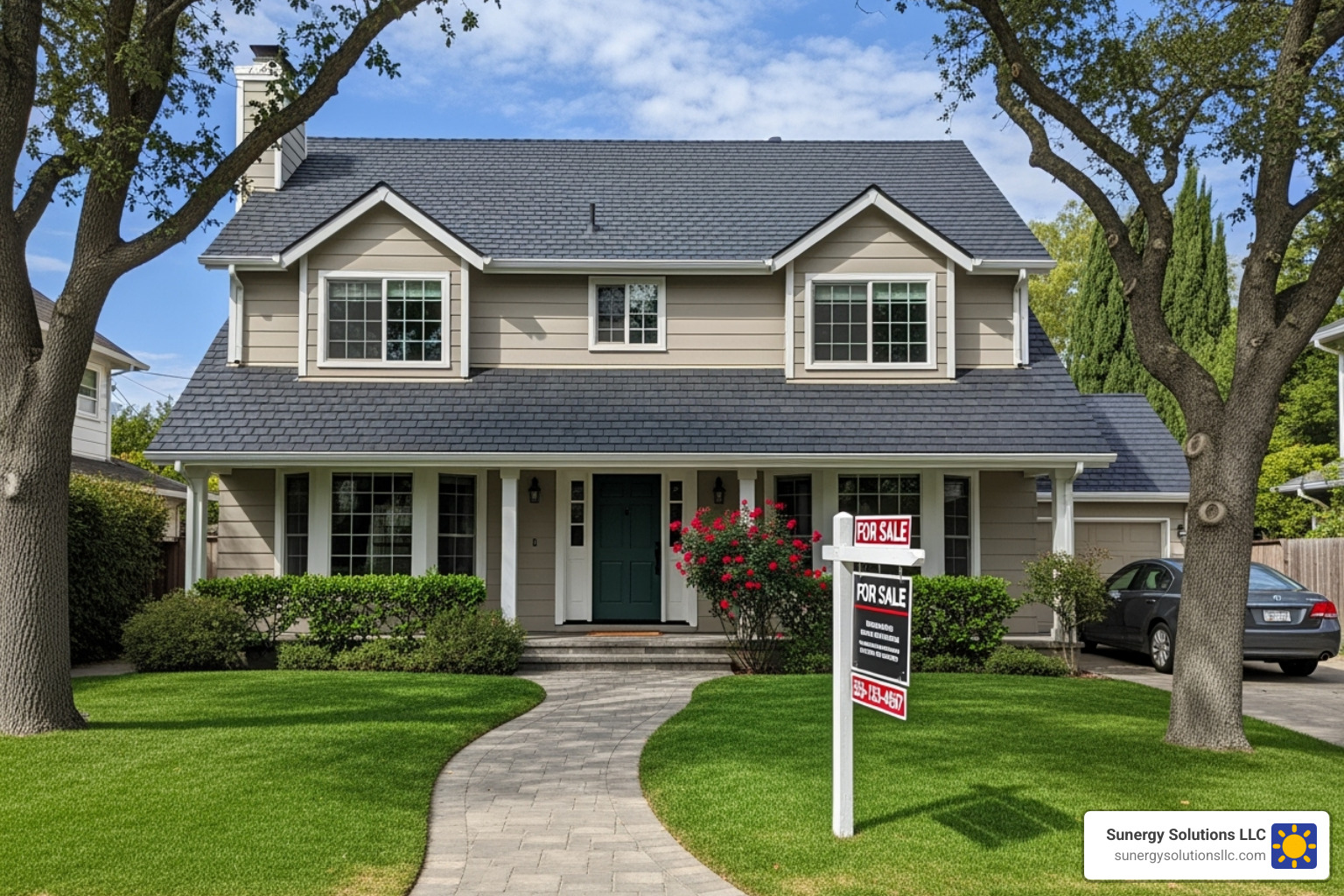 home with new roof and for sale sign - roofing home improvement