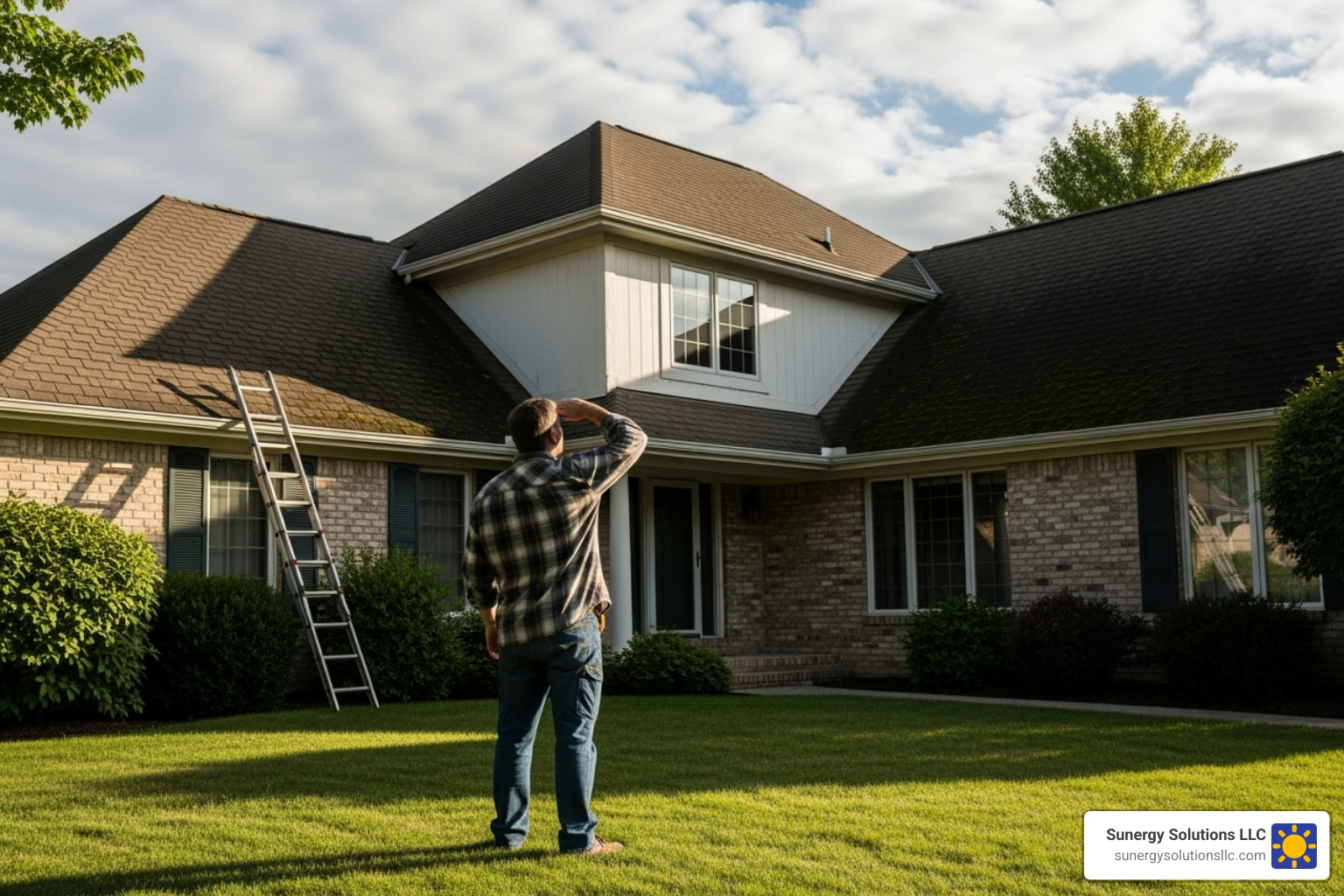 homeowner looking at roof - roofing home improvement