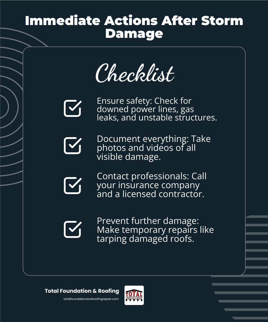 Infographic showing storm damage repair process: 1. Safety assessment with hard hat icon, 2. Documentation with camera icon showing damaged roof photo, 3. Professional inspection with contractor examining damage, 4. Insurance claim filing with paperwork, 5. Repair execution with tools and materials, 6. Final inspection with checkmark - storm damage repair infographic checklist-dark-blue