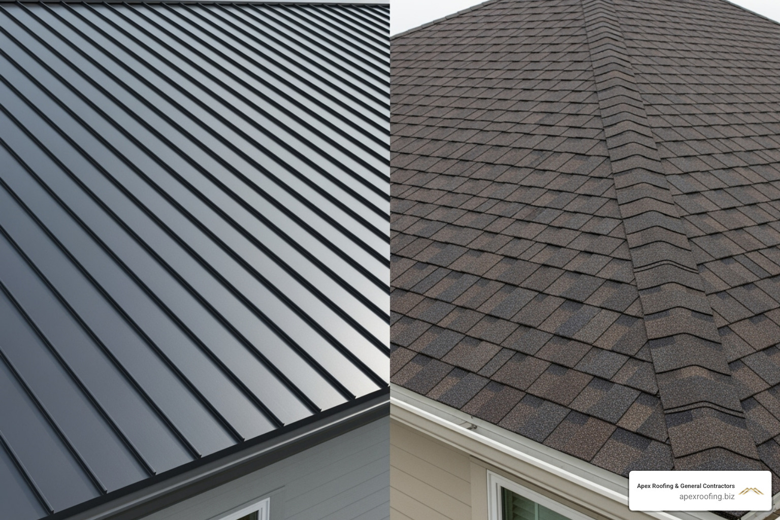 Side-by-side comparison of a metal roof and an asphalt shingle roof - cost to install metal roof in san antonio