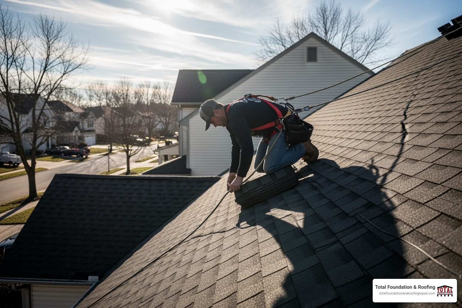 Professional roofer in safety harness performing roof repair - storm damage repair