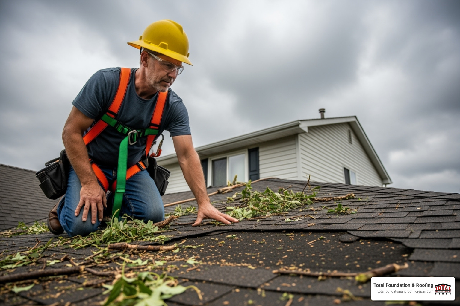 Professional roofer in safety harness inspecting a damaged roof after a storm - storm damage repair
