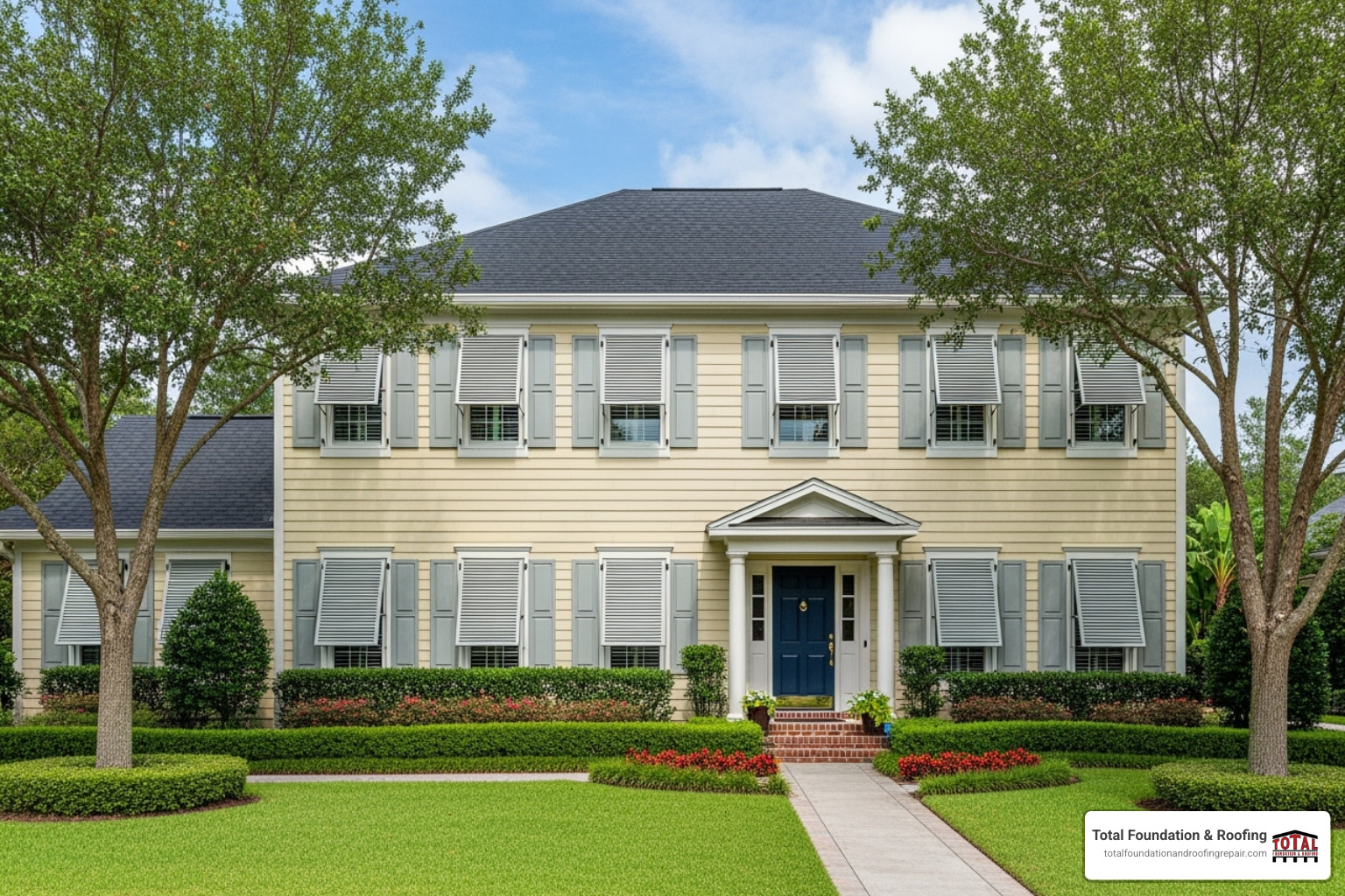 Home with newly installed storm shutters and well-maintained landscaping - storm damage repair
