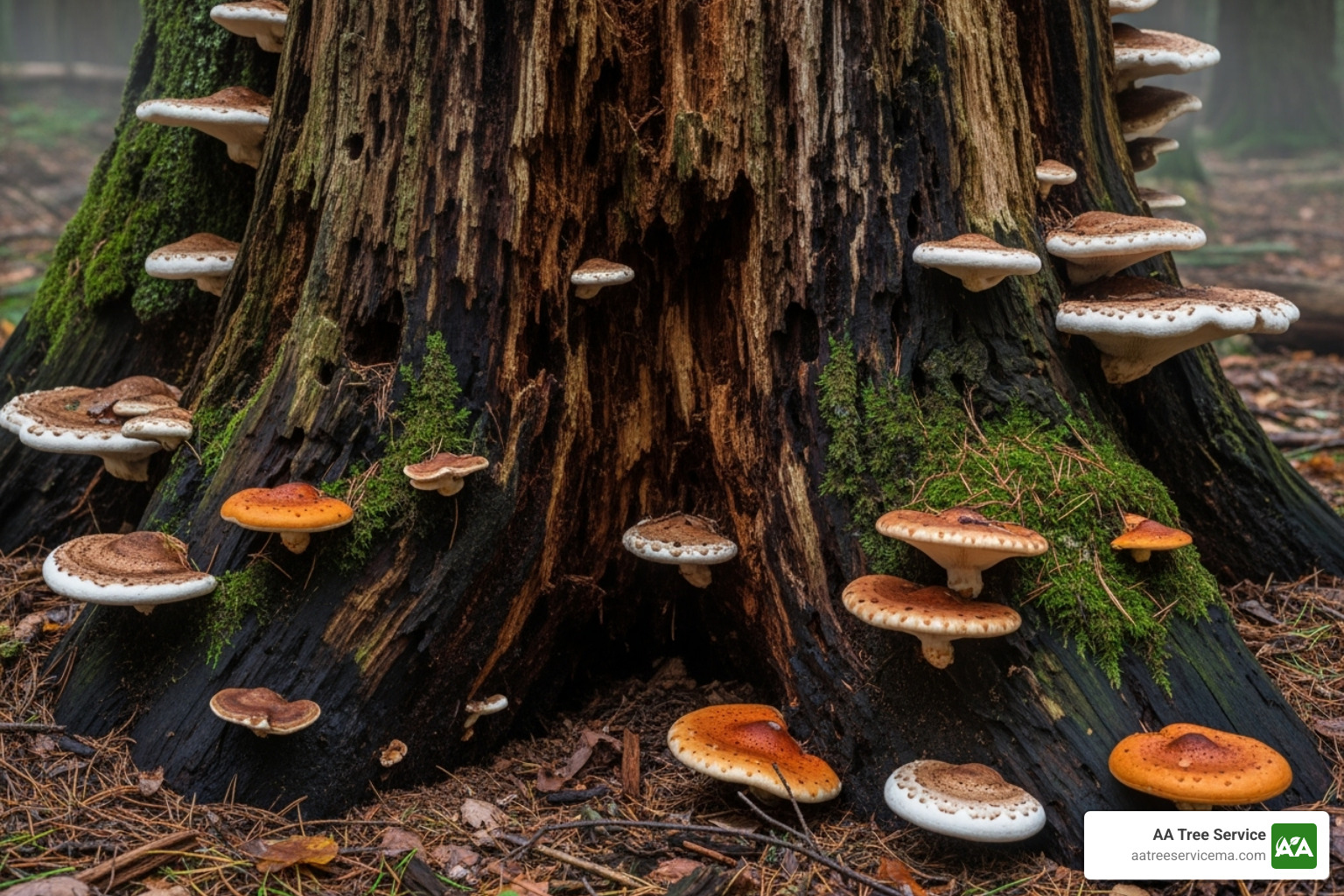 A tree with obvious signs of decay, such as large mushrooms growing at its base - licensed tree removal service near me A tree with obvious signs of decay, such as large mushrooms growing at its base - licensed tree removal service near me