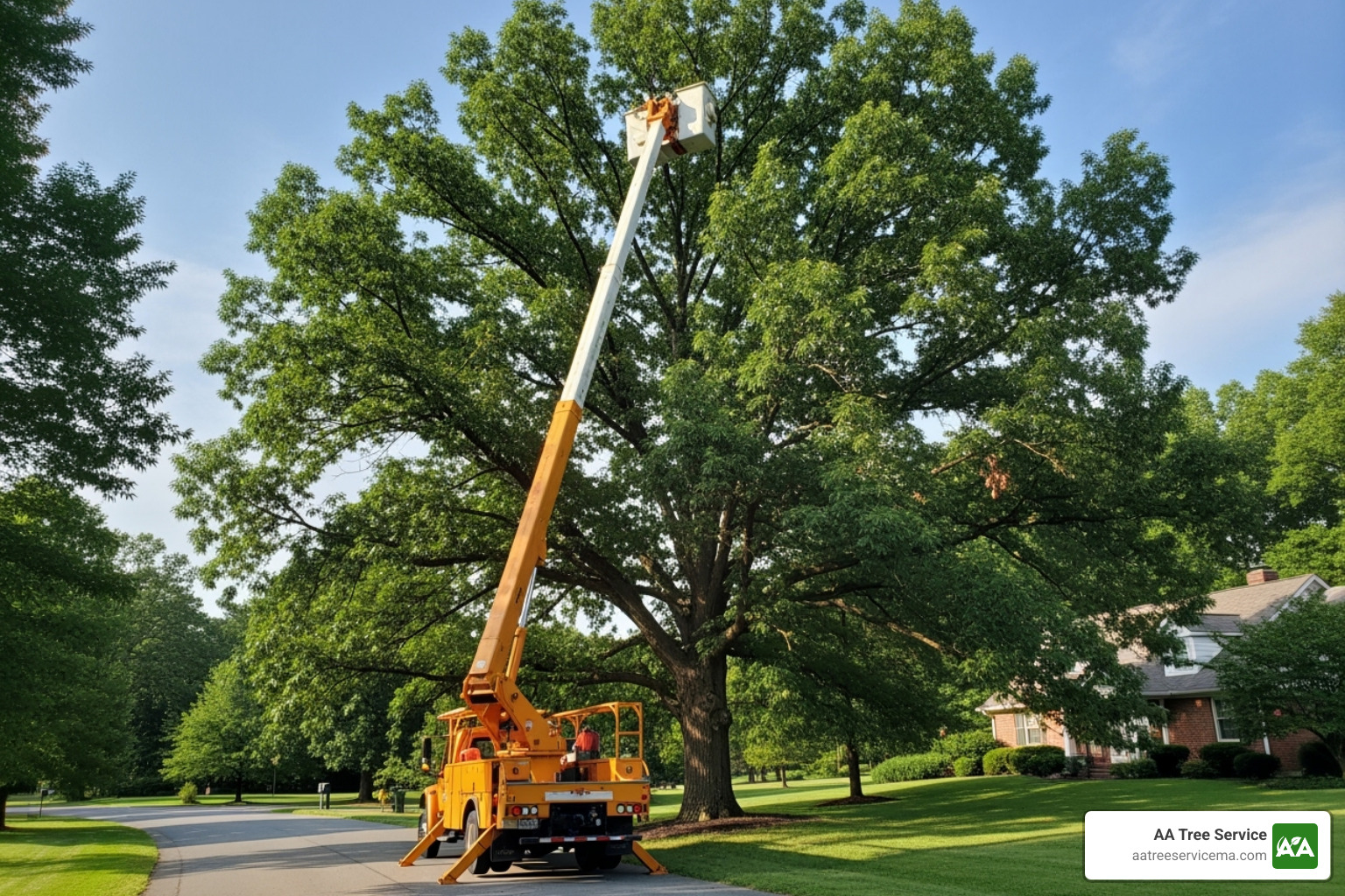 Specialized equipment like a bucket truck being used to access high branches on a tree - licensed tree removal service near me Specialized equipment like a bucket truck being used to access high branches on a tree - licensed tree removal service near me