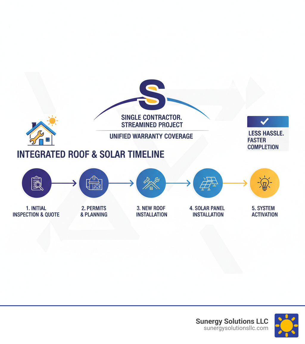 Infographic showing the integrated timeline of roof replacement and solar installation, featuring a single contractor managing both processes from initial inspection through final system activation, with unified warranty coverage and streamlined project management - roofing companies that do solar infographic Infographic showing the integrated timeline of roof replacement and solar installation, featuring a single contractor managing both processes from initial inspection through final system activation, with unified warranty coverage and streamlined project management - roofing companies that do solar infographic