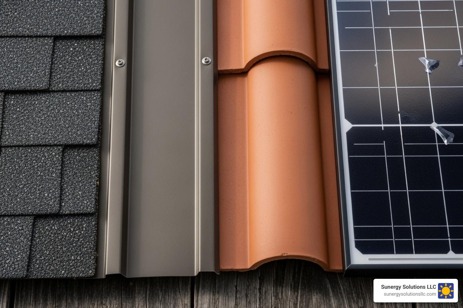 close-up on different roofing materials (asphalt, metal, tile) next to a solar panel - roofing companies that do solar close-up on different roofing materials (asphalt, metal, tile) next to a solar panel - roofing companies that do solar