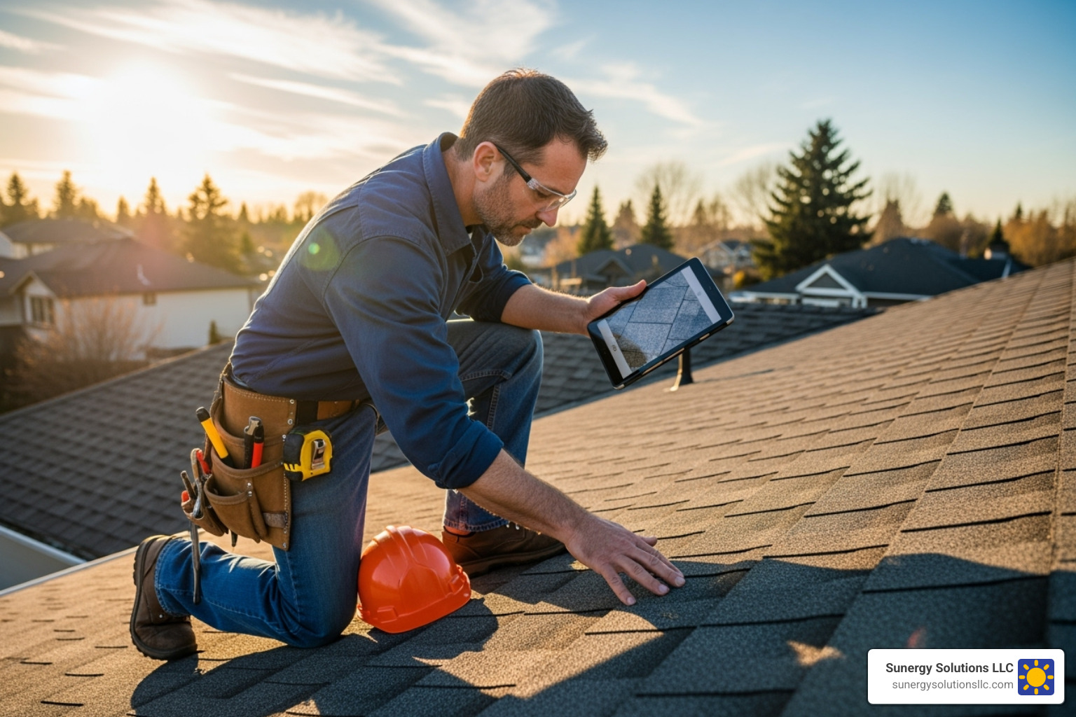 roofer on a roof, carefully examining shingles with a tablet - roofing companies that do solar roofer on a roof, carefully examining shingles with a tablet - roofing companies that do solar